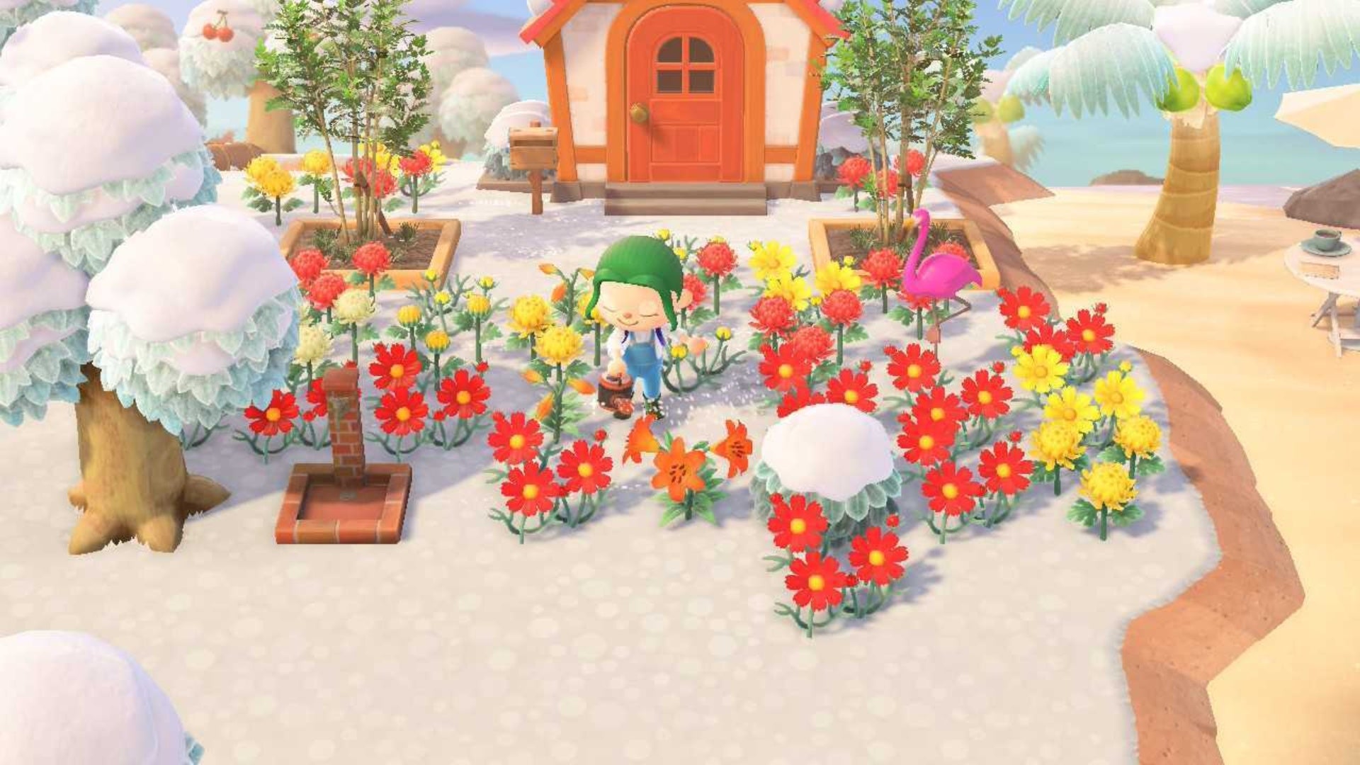 Animal Crossing New Horizons player watering flowers