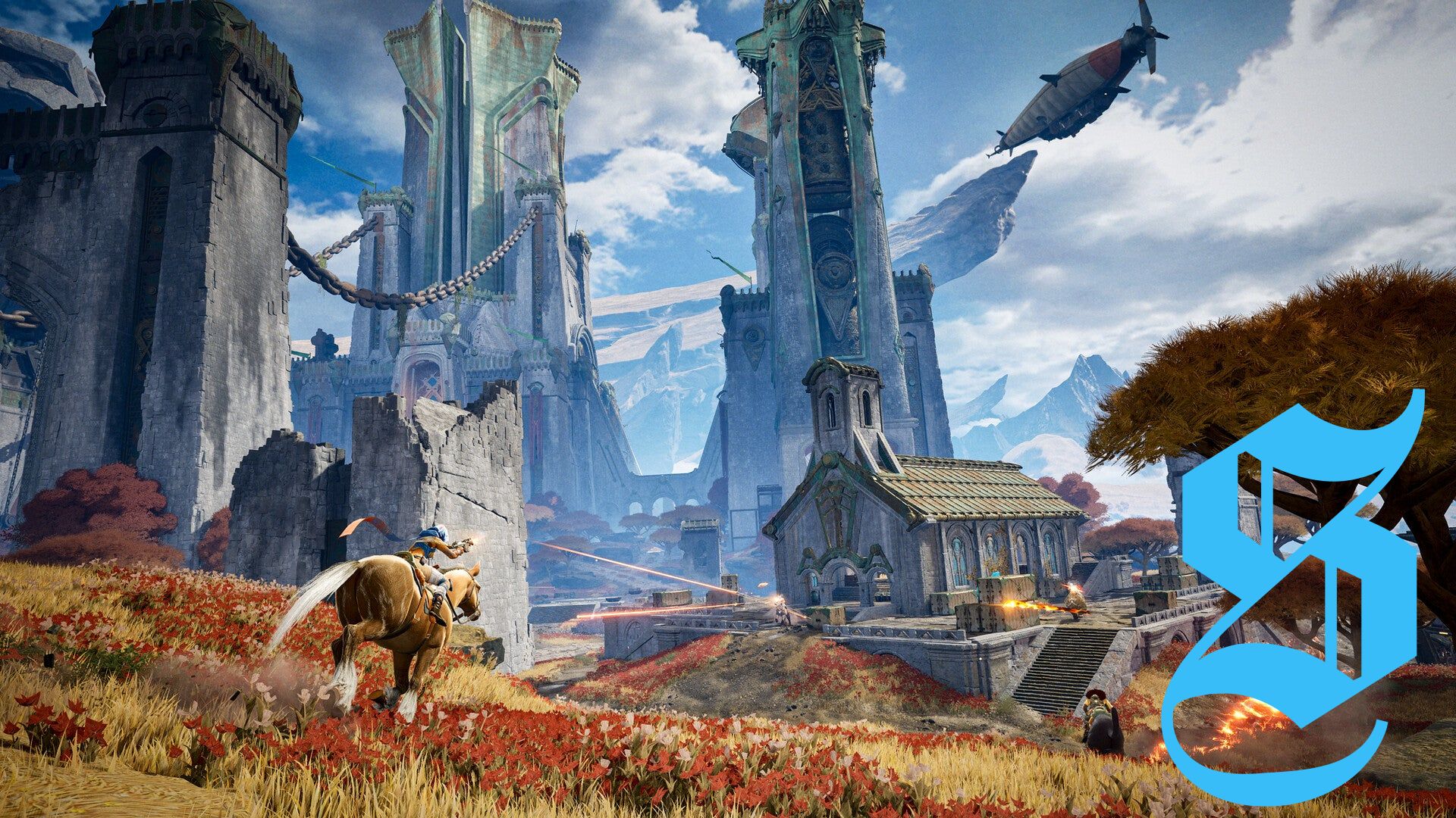 Official Highguard image showing a character riding a horse towards various fantasy structures