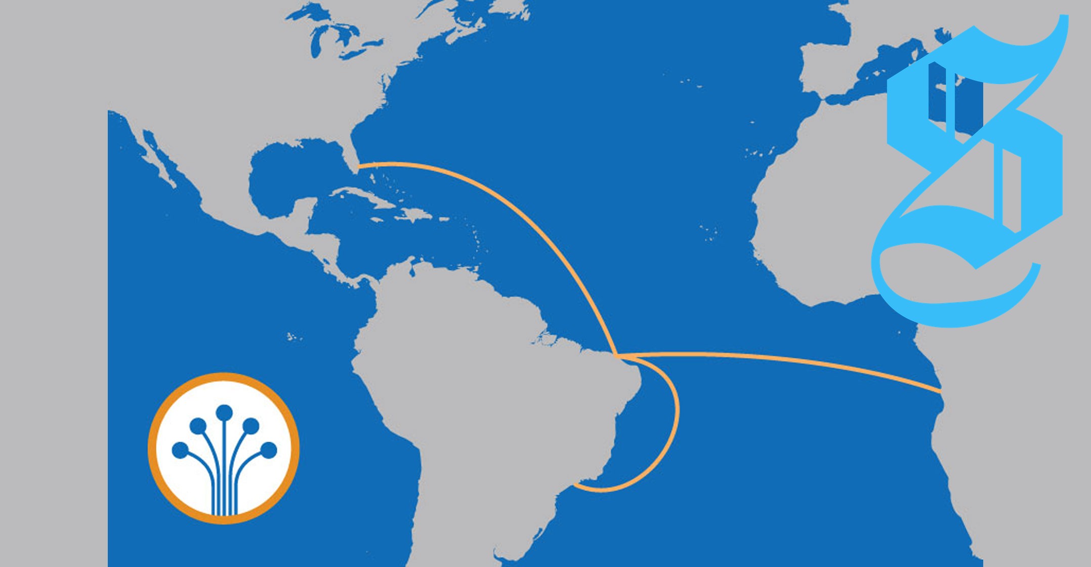 Diagram illustrating subsea cables between Africa, the US, and Brazil.