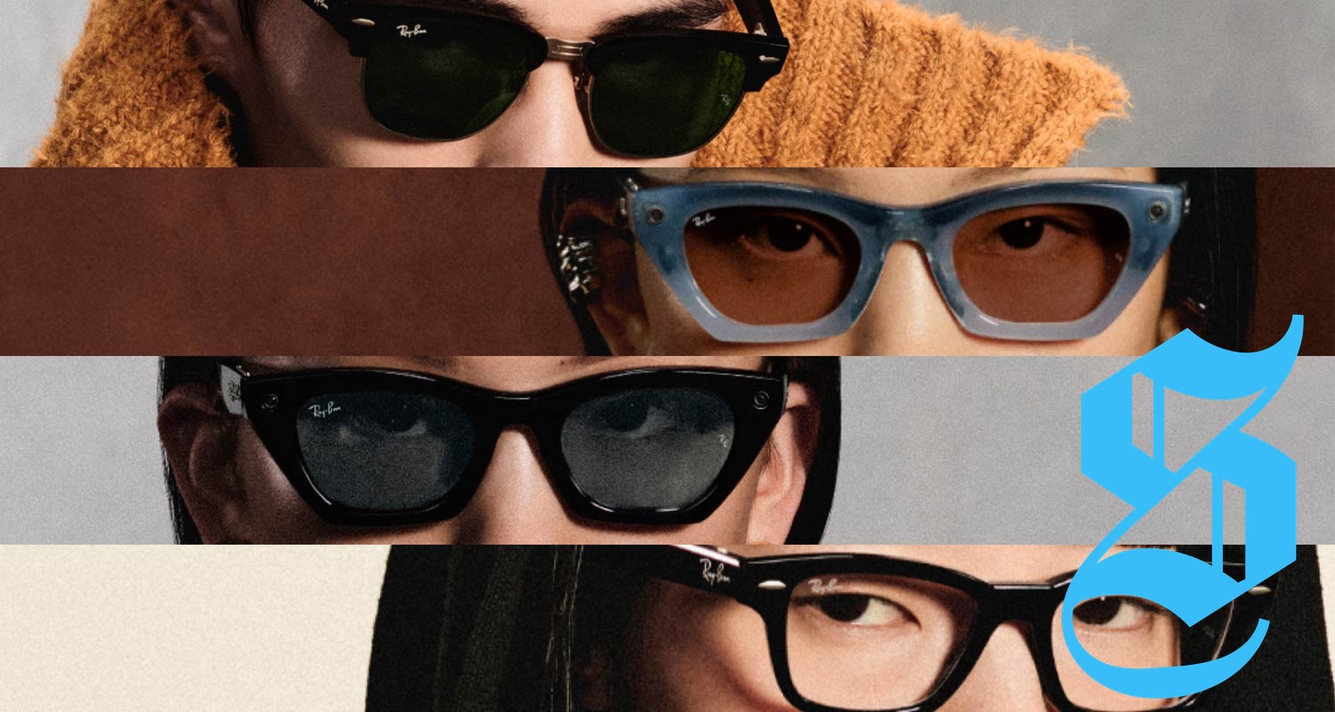 Smart glasses displayed on a table alongside accessories and branding elements.